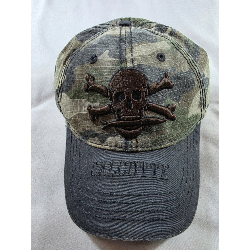 Calcutta Fishing Hat Mens OSFM Camo Black Skull Crossbones Ripstop Baseball Cap